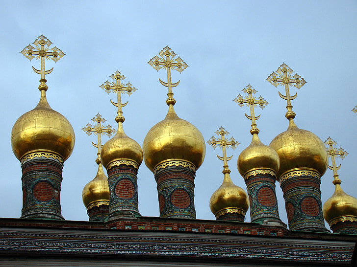Bažnyčios iškritų, kupolas, kryžiai, Pusmėnulio palydovai, Kremlius, Maskva, Rusija