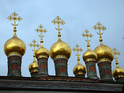 kostel depozice, kopule, kříže, srpek měsíce, Kreml, Moskva, Rusko