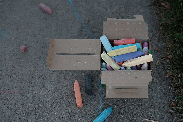 assorted, chalks, box, chalk, crayons, pavement, drawing
