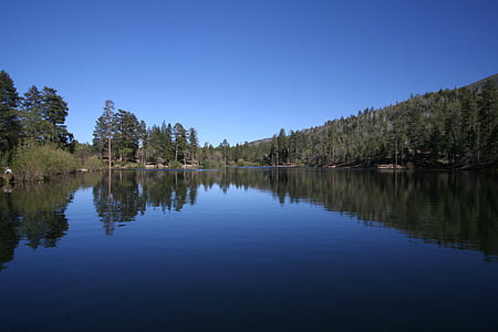 Danau, Jenks Danau, langit biru, refleksi di atas air, hutan, air biru gelap, termasuk jenis pohon jarum