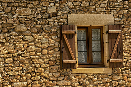 Frankrike, huset, stein, vinduet, skodder, steiner, arkitektur