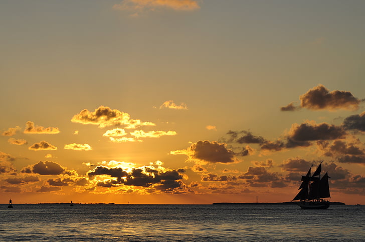 sunset, ocean, sky, sail, seascape, silhouette, sea