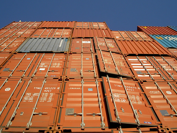 shipping, containers, crates, metal, steel, stacked, sky