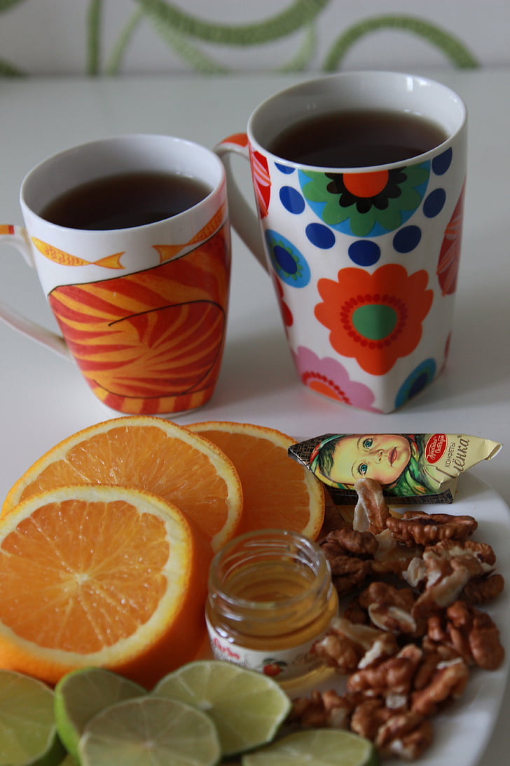 arbatos laikas, oranžinė, lentelė, arbatos puodeliai, ryte, pusryčiai, sveikatos