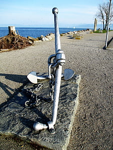 promenade, lakeside, lake constance, ship anchor, iron, bank, romanshorn