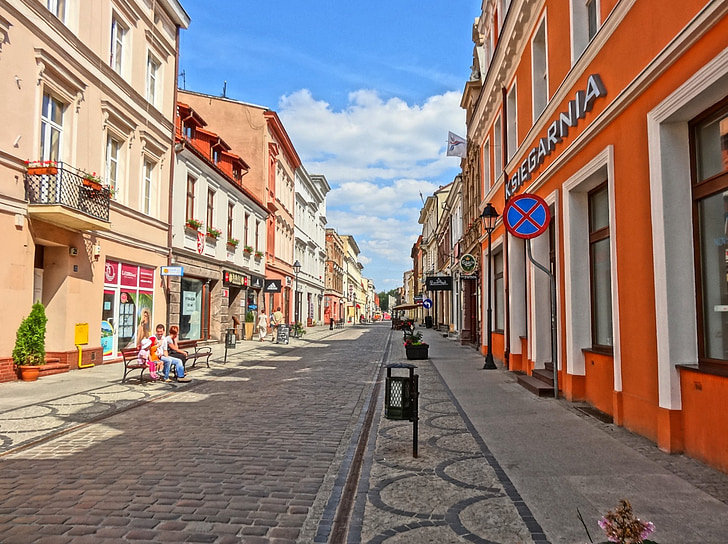 dluga iela, Bydgoszcz, Polija, ceļu satiksmes, gleznainā, bruģis, krāsains