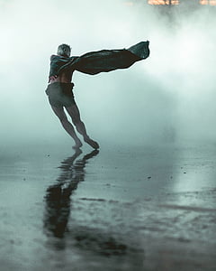 people, man, run, rain, fog, water, dancing