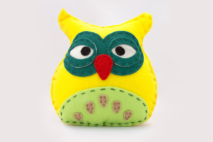 Sowa, o mascote, amarelo, verde, brinquedo, travesseiro, pelúcia