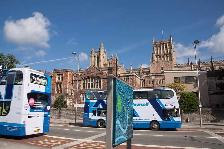 dobbel decker buss, buss, Bristol, England, stopp, kart, informasjon