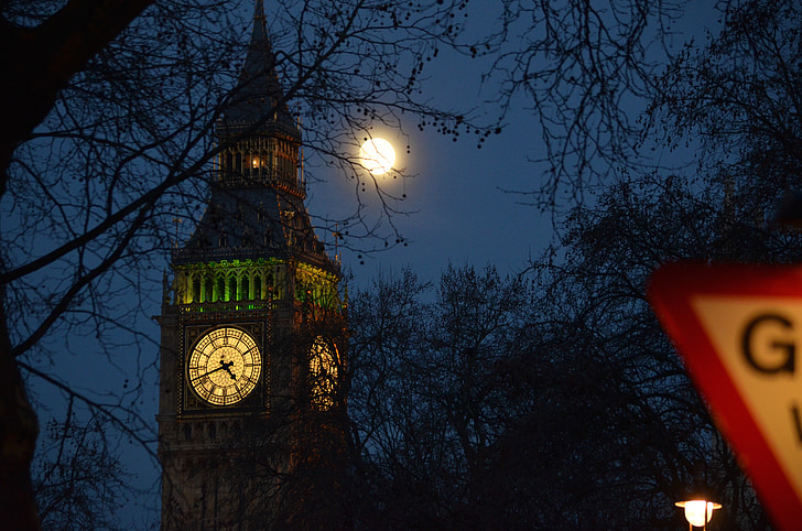 Londyn, Księżyc, Big ben, noc, Anglia, zegar, światło