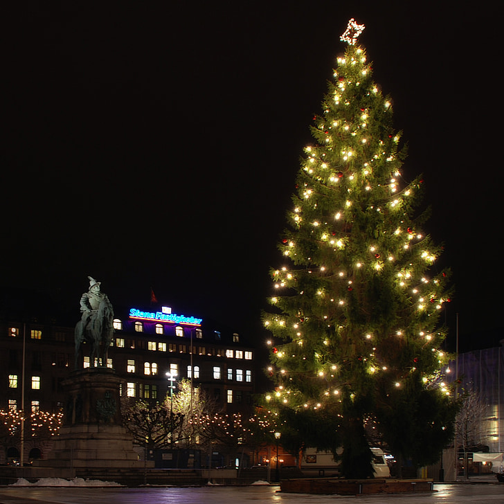 Malmö, Svezia, notte, albero di Natale, Hotel, Statua, Monumento