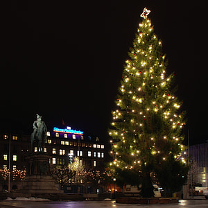 malmo, sweden, night, christmas tree, hotel, statue, monument