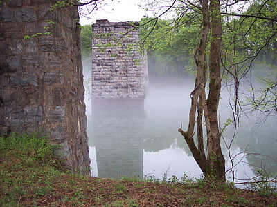 fog, river, old, cobblestone, stone, water, nature