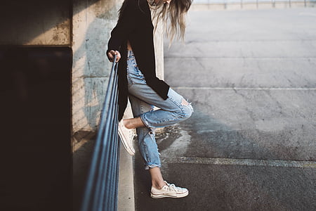 woman, leaning, railings, daytime, girl, jeans, fashion
