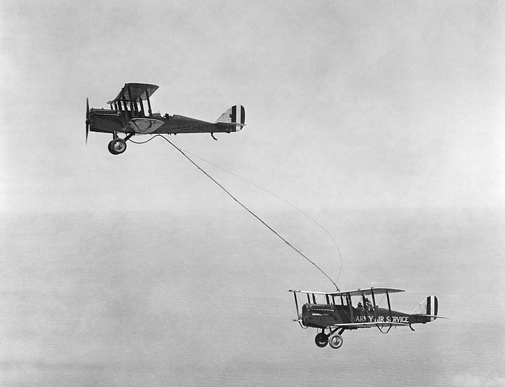 double decker, aircraft, propeller plane, john p judge, aerial refueling, black and white, 1923