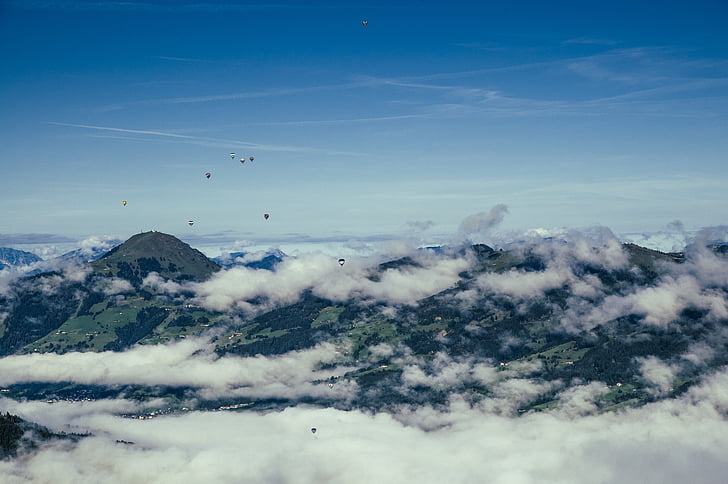 Nimbus, nube, globos de aire caliente, azul, cielo, nubes, montañas