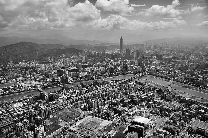 aerial, aerial shot, aerial view, architecture, black-and-white, buildings, cars