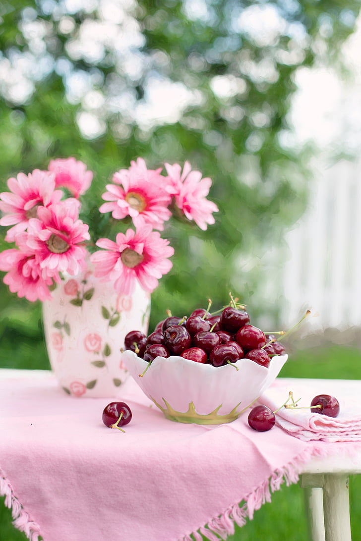 cherries in a bowl, fruit, summer, breakfast, flower, food and drink, no people