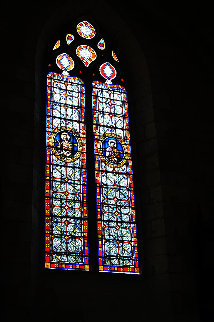 Witraże, Witraże, Kościół, katolicki, okno, Dordogne, Périgord