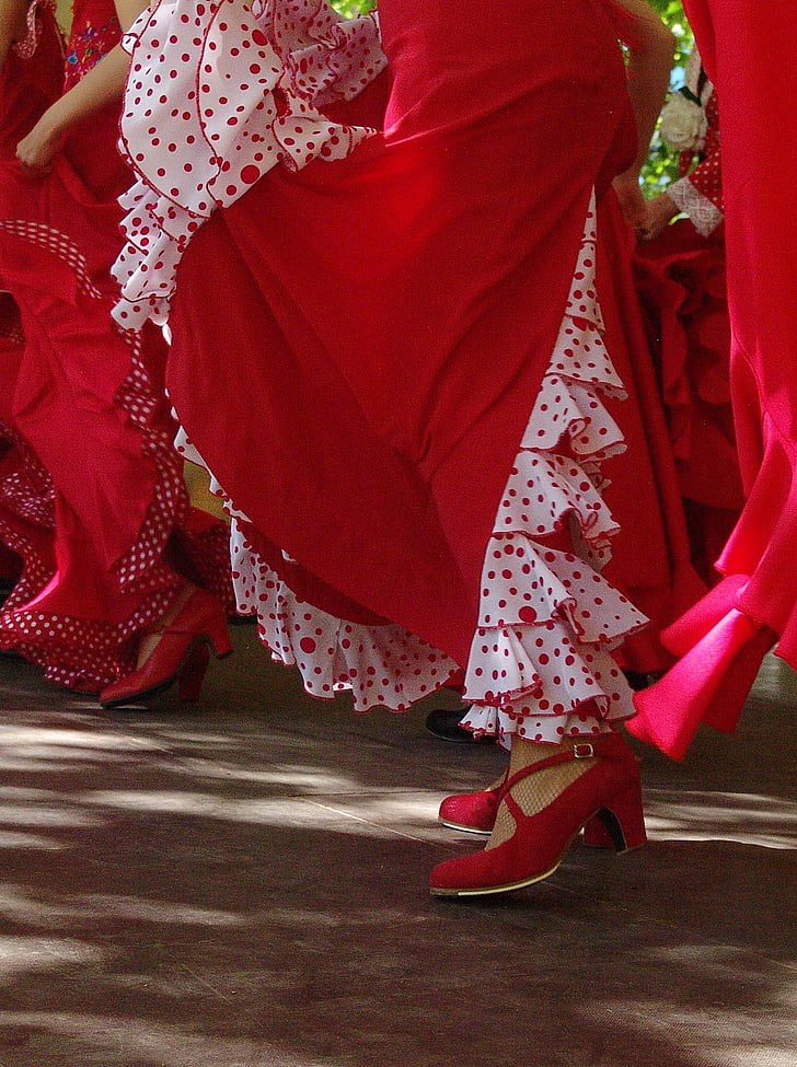 Crveni, suknje, španjolski, cipele, ples, flamenco, umjetnički ples