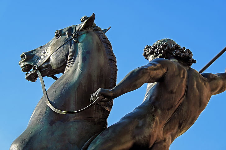 escultura, bronze, home, combat de lleons, nu, cavall, escala