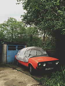 vintage, auto, Audi, rosso, vecchio, oggetto d'antiquariato, Via