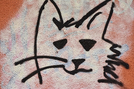 낙서, 고양이, hauswand, 거리 예술, 분무기, 그려진된 벽, 고양이 얼굴