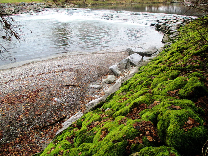 river, waterfall, bank, stones, moss, bemoost, pebble