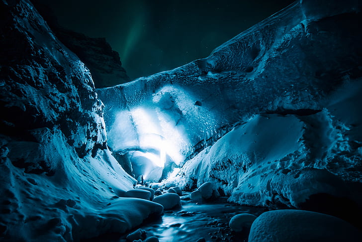 ice, cave, rocks, snow, winter, lights, people