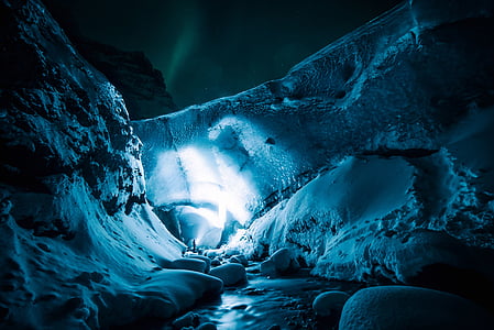 LED, jeskyně, kameny, sníh, Zimní, světla, lidé