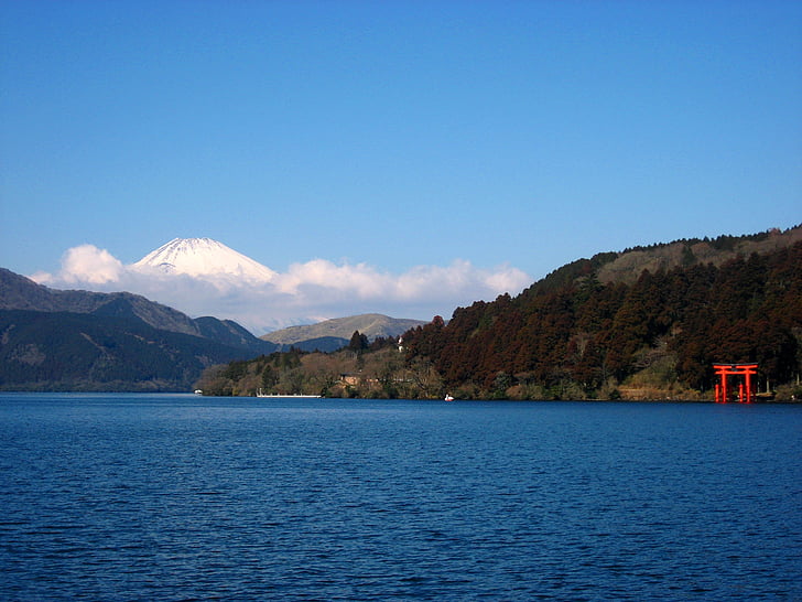 Jezioro ashi, MT fuji, Torii, czerwony, Kanagawa, Japonia