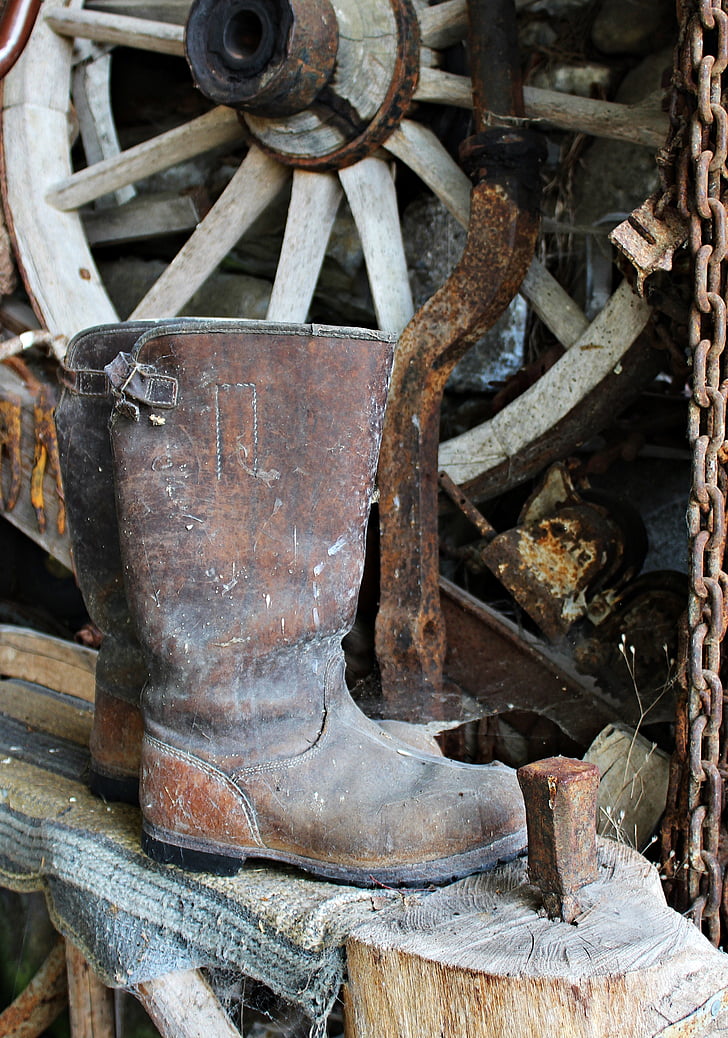 work, boots, still life, wagon wheel, rural, leather boots, rustic