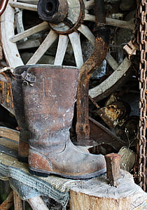 travail, bottes, nature morte, roue de wagon, rural, bottes en cuir, Rustic