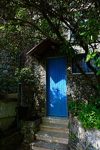 ajtó, kék, ház bejáratának, fa, cél, régi, kék ajtó