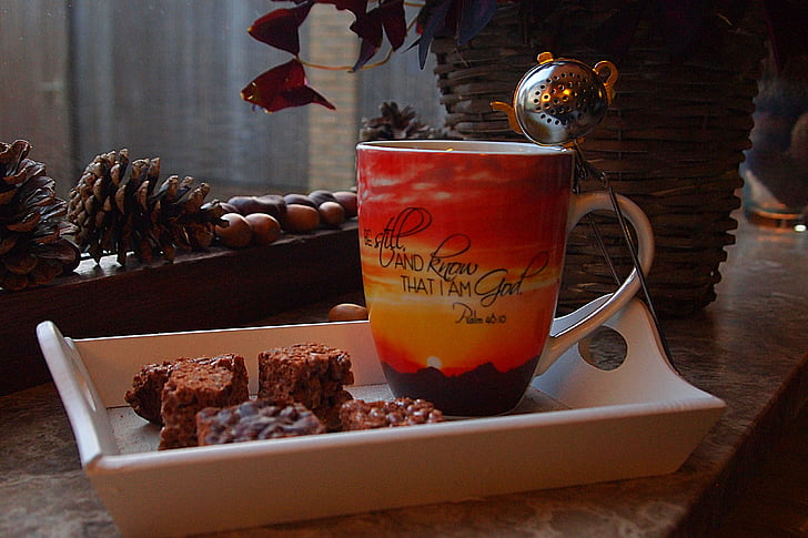 morning, breakfast, tea, mug, tea egg, chocolate, cookies