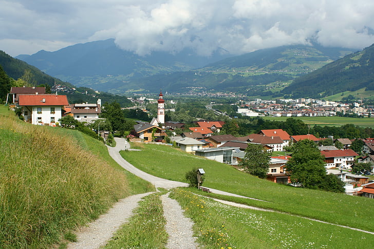 alpské, Scene, vesnice, krajina, Rakousko, Baumkirchen, Tyrolsko