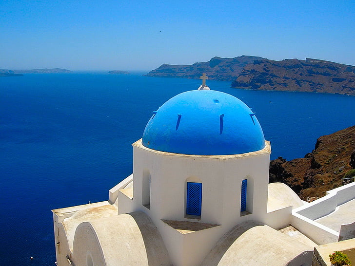 Santorini, Ocean, Wyspa, morze, krajobraz, Grecja, niebo