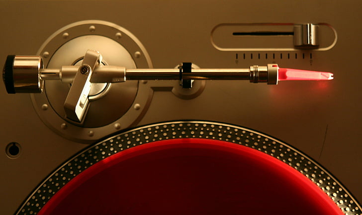 DJ, plat, agulla, vinil, braç, sistema, placa base