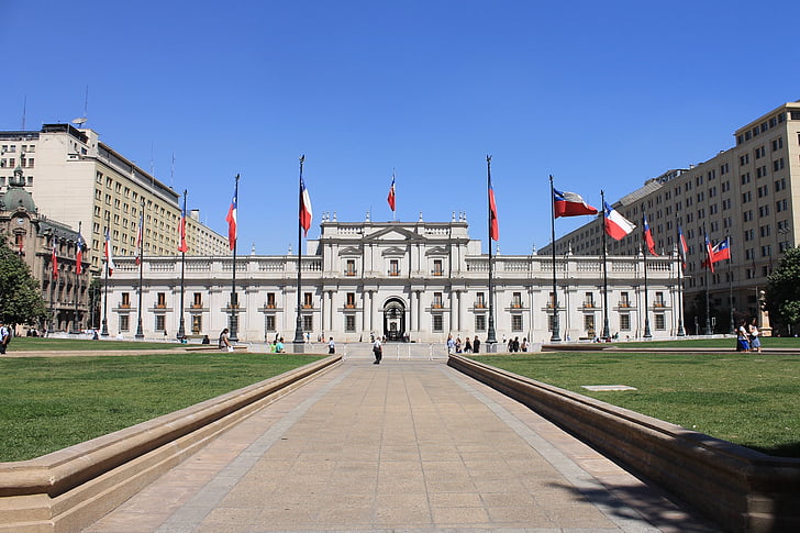 Chile, La moneda, slunečný den, léto, Architektura, vlajka, známé místo