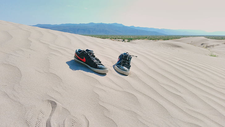 tennis, shoes, desert, sky, blue, sand, nature