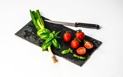 kitchen, knife, basil, tomato, food, healthy eating, food and drink