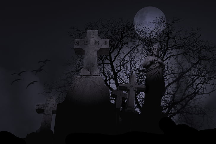 kalmistu, õudne, surnuaia, sümbol, haua, öö, hirmutav