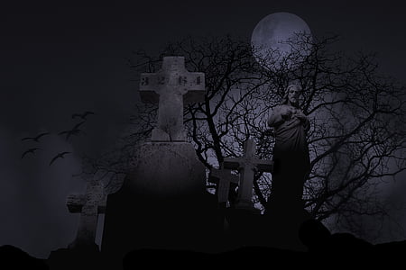 kyrkogården, spooky, kyrkogård, symbol, grav, natt, skrämmande