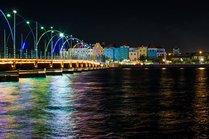 byggnader, Curacao, lampor, natt, Pontjesbrug, pontonbro, Queen emma bridge
