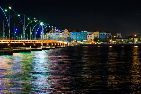 bangunan, Curacao, lampu, malam, Pontjesbrug, Jembatan ponton, Ratu emma jembatan