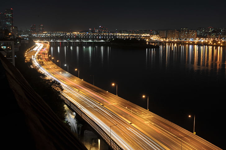 Olympic boulevard, Oświetlenie uliczne, wgląd nocy, rzeki Han, Wyspa nie s, Hangang most