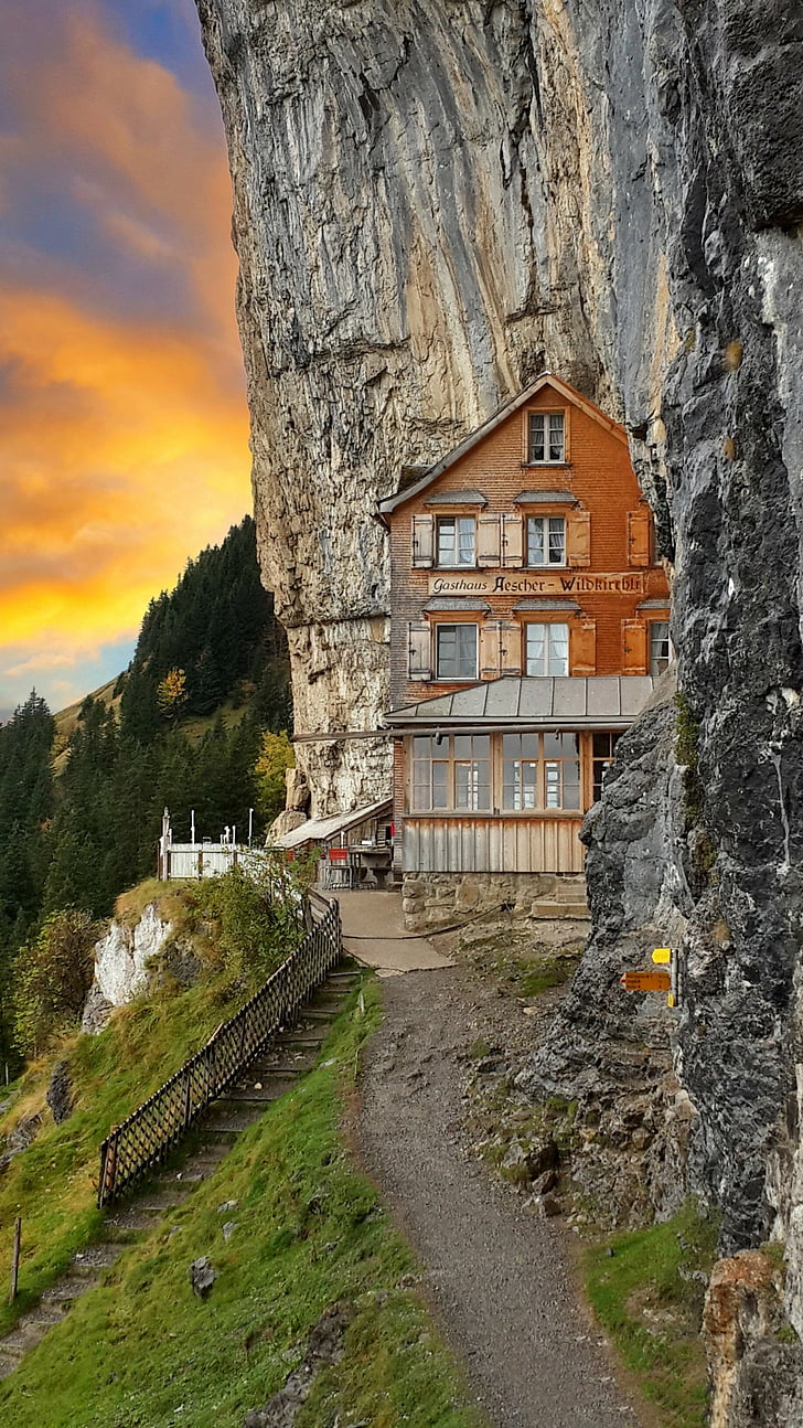 alp, hotel, sunset, sky, mountain, cliff, ebenalp