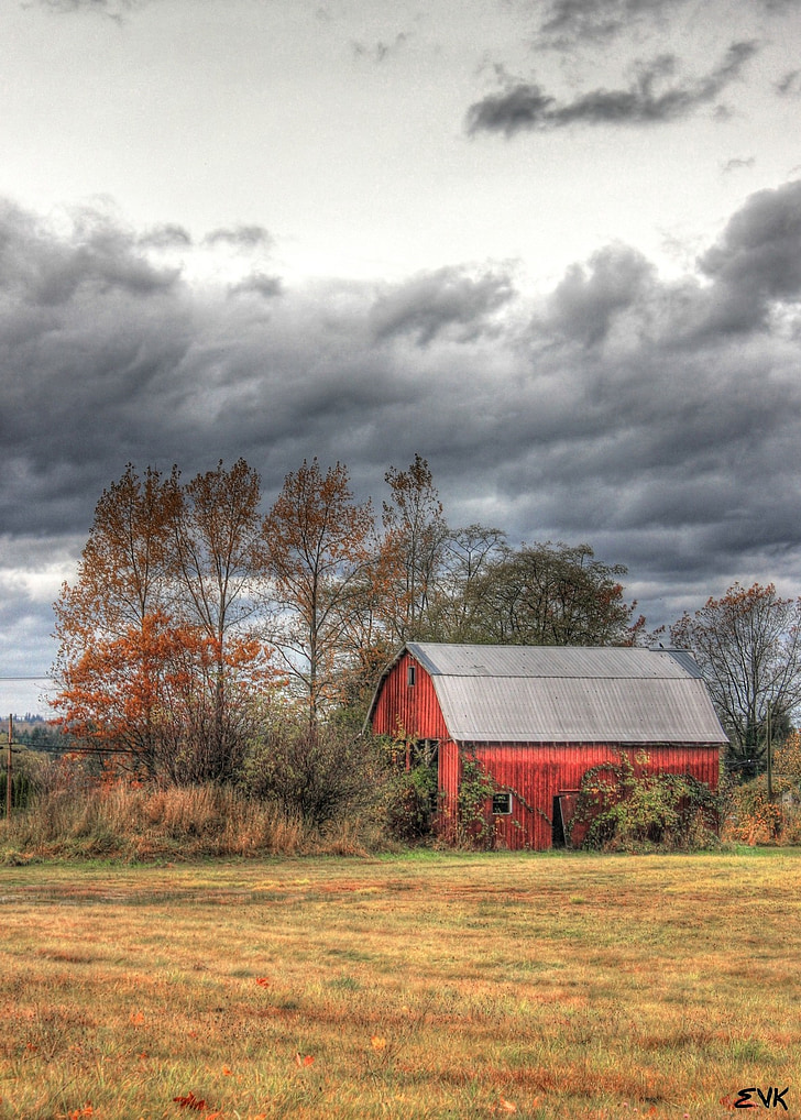 barn, red, autumn, sky, clouds, outdoors, scenic