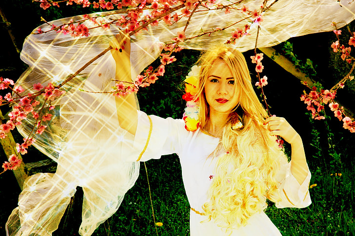jente, prinsesse, våren, blondt hår, kjole, stående, skjønnhet