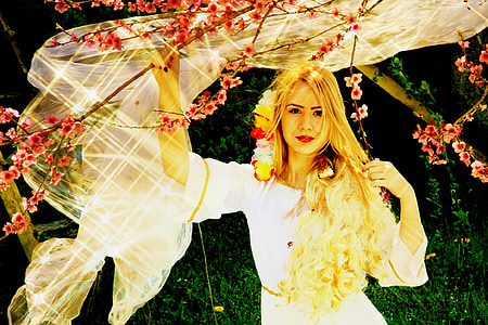 Děvče, princezna, jaro, blond vlasy, šaty, portrét, Krása